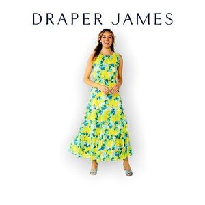 Draper James RSVP Yellow Blue Floral Smocked Clip Dot Tiered Maxi Dress XS
